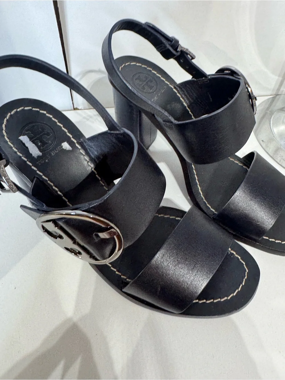 Tory Burch Black Leather Block Heel Sandals with Logo Buckle